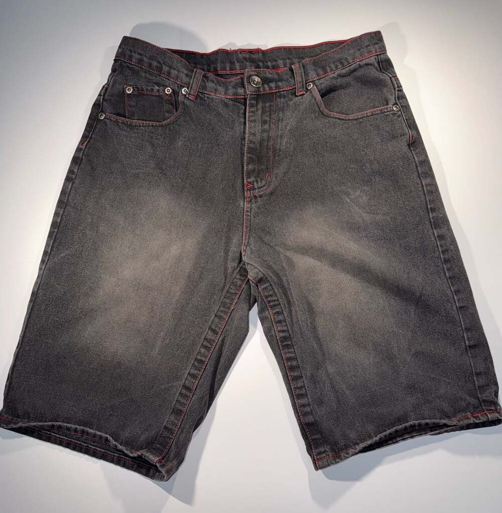 Vintage Black Denim Jorts with Red Contrast Stitching